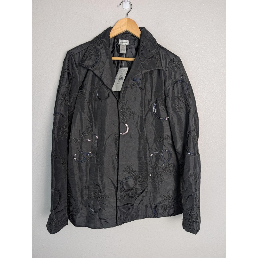 Chico's Jacket Womens‎ 2 Black Quilted Embroidered Sequin Lined Pockets